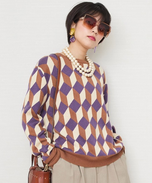 JETSET SOLO PLUS (ジェットセットソロプラス)の「【SKATIE】ジオメトリックジャカート ニット(ニット/セーター・レディース・キャメル/ピンク・38/FREE)」の2枚目の写真