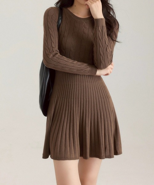 セール】クルーネックケーブルニットワンピース（ワンピース）｜leune