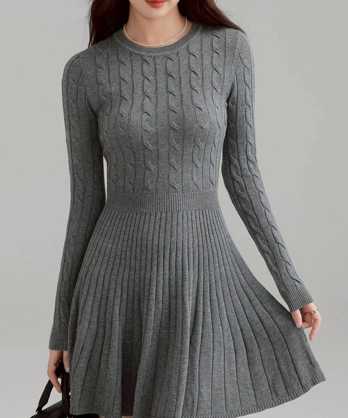 【美品】ルネ 21AW ケーブルニット ワンピース カシミヤ 34 グレー セール】クルーネックケーブルニットワンピース（ワンピース）｜leune