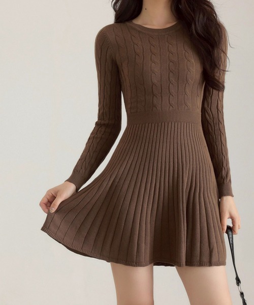 セール】クルーネックケーブルニットワンピース（ワンピース）｜leune