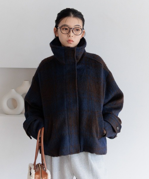 セール】[シルエットアレンジ可能]チェックシャギーショートコート