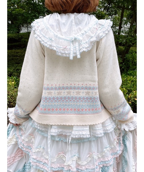 【美品】ピンクハウス　レースリボン　フリルカーディガン　パール　2021年 星柄編み込みニットカーディガン（カーディガン/ボレロ）｜PINK HOUSE