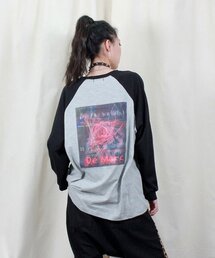 メンズレディースバックグラフィック配色ラグラン長袖Tシャツグレー