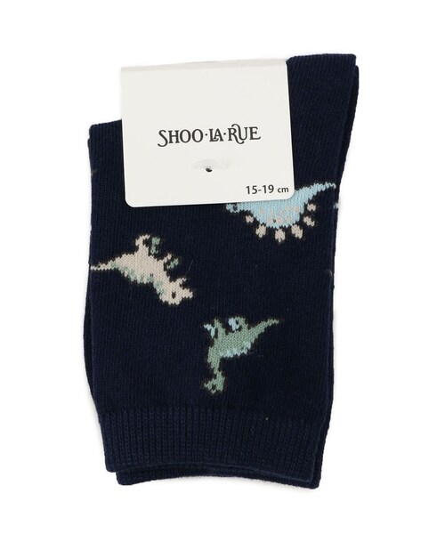 SHOO・LA・RUE(シューラルー)の「恐竜総柄クルー丈ソックス(ソックス/靴下・キッズ・オフホワイト/ネイビー・79/75)」の2枚目の写真