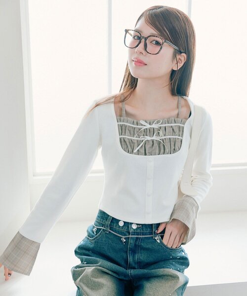 OLIVE des OLIVE（オリーブデオリーブ）の「レイヤードトップス（Tシャツ/カットソー・レディース・オフホワイト/モカ/ブラック・FREE）」の12枚目の写真