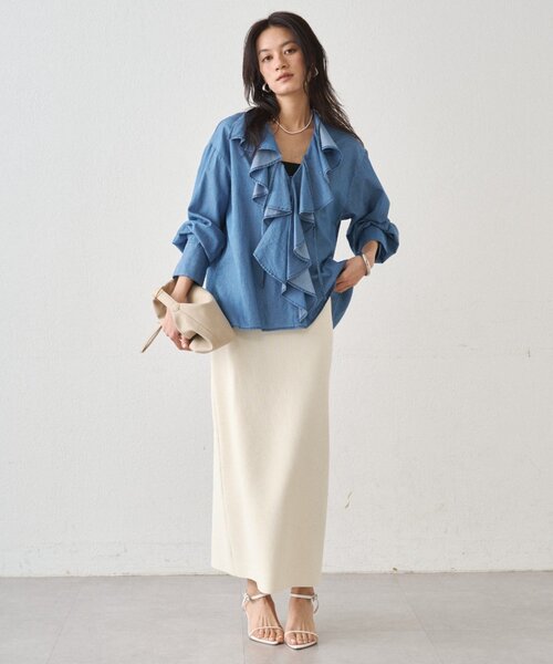 新品　Loungedress フリルカラーブラウス　ラウンジドレス　ブルー フリルカラーブラウス（シャツ/ブラウス）｜LOUNGEDRESS（ラウンジ