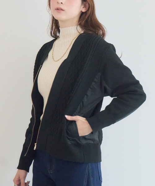 KATHARINE ROSS(キャサリンロス)の「【KATHARINE ROSS】ケーブルドッキングブルゾン(ニット/セーター・レディース・ブラック/カーキ・FREE)」の1枚目の写真