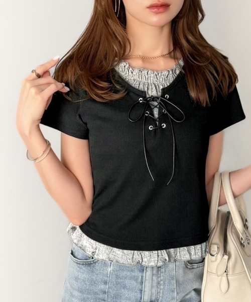 mily bilet(ミウィビレット)の「【mily bilet】きゅっと結んで、ふわっとフリル。レイヤード風レースアップトップス(半袖)(Tシャツ/カットソー・レディース・杢グレー/オフホワイト/ブラック・X-LARGE/SMALL/MEDIUM/LARGE)」の5枚目の写真