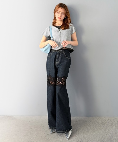 mily bilet(ミウィビレット)の「【mily bilet】きゅっと結んで、ふわっとフリル。レイヤード風レースアップトップス(半袖)(Tシャツ/カットソー・レディース・杢グレー/オフホワイト/ブラック・X-LARGE/SMALL/MEDIUM/LARGE)」の6枚目の写真