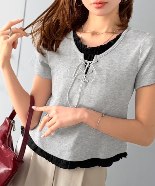 mily bilet(ミウィビレット)の「【mily bilet】きゅっと結んで、ふわっとフリル。レイヤード風レースアップトップス(半袖)(Tシャツ/カットソー・レディース・杢グレー/オフホワイト/ブラック・X-LARGE/SMALL/MEDIUM/LARGE)」の8枚目の写真
