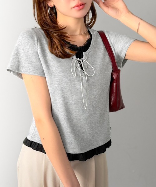 mily bilet(ミウィビレット)の「【mily bilet】きゅっと結んで、ふわっとフリル。レイヤード風レースアップトップス(半袖)(Tシャツ/カットソー・レディース・杢グレー/オフホワイト/ブラック・X-LARGE/SMALL/MEDIUM/LARGE)」の10枚目の写真