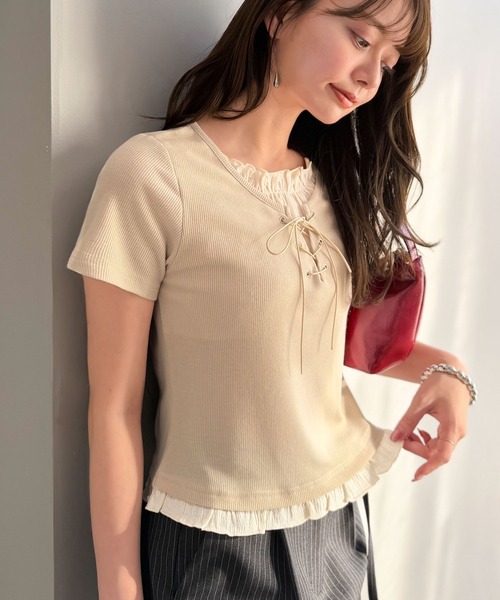 mily bilet(ミウィビレット)の「【mily bilet】きゅっと結んで、ふわっとフリル。レイヤード風レースアップトップス(半袖)(Tシャツ/カットソー・レディース・杢グレー/オフホワイト/ブラック・X-LARGE/SMALL/MEDIUM/LARGE)」の14枚目の写真