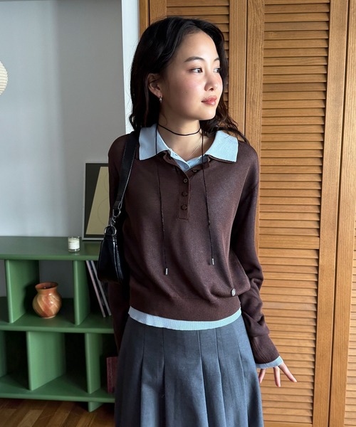 MUHET(ミュエータ)の「【set item】sheer layered knit polo shirt / シアーレイヤードポロニットセット(ポロシャツ・レディース・アイボリー/グレー/ブラウン/ネイビー・FREE)」の6枚目の写真