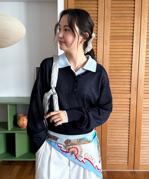 MUHET(ミュエータ)の「【set item】sheer layered knit polo shirt / シアーレイヤードポロニットセット(ポロシャツ・レディース・アイボリー/グレー/ブラウン/ネイビー・FREE)」の5枚目の写真