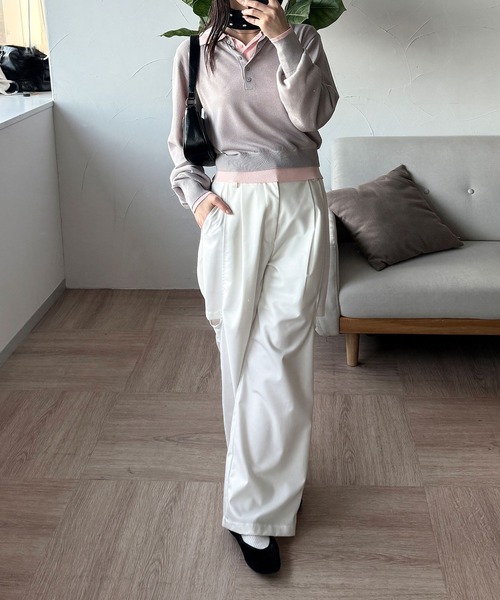 MUHET(ミュエータ)の「【set item】sheer layered knit polo shirt / シアーレイヤードポロニットセット(ポロシャツ・レディース・アイボリー/グレー/ブラウン/ネイビー・FREE)」の9枚目の写真