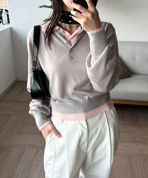 MUHET(ミュエータ)の「【set item】sheer layered knit polo shirt / シアーレイヤードポロニットセット(ポロシャツ・レディース・アイボリー/グレー/ブラウン/ネイビー・FREE)」の8枚目の写真