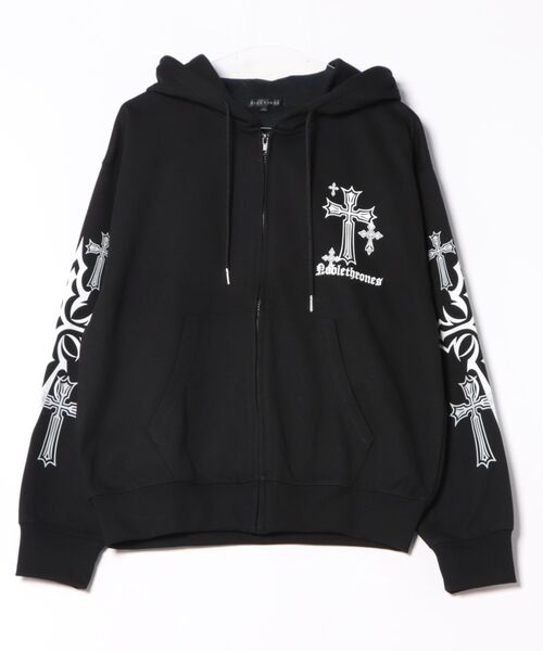 NYLAUS(ナイラス)の「【NYS】クロスデザイン プリント ジップパーカー フルジップパーカー ユニセックス(パーカー・メンズ・ブラック系その他/ブラック/ホワイト・L/M)」の13枚目の写真