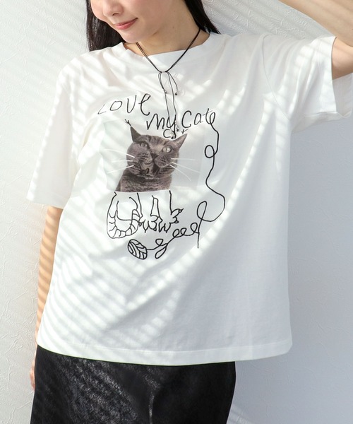 Three Four Time(スリーフォータイム)の「CAT落書き刺繍Tシャツ(Tシャツ/カットソー・レディース・オフホワイト/グレー・FREE)」の2枚目の写真
