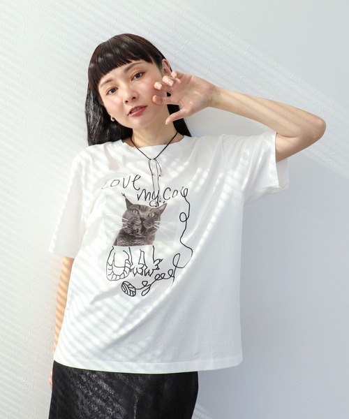 Three Four Time(スリーフォータイム)の「CAT落書き刺繍Tシャツ(Tシャツ/カットソー・レディース・オフホワイト/グレー・FREE)」の3枚目の写真