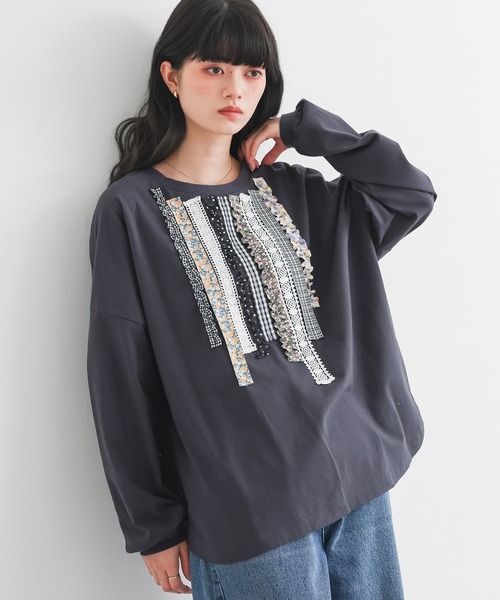 somari imagination(ソマリ イマジネーション)の「『プリントテープデザインカットソー』(Tシャツ/カットソー・レディース・オフホワイト/チャコール・FREE)」の2枚目の写真