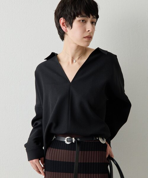 Whim Gazette(ウィムガゼット)の「スキッパージョーゼットブラウス(シャツ/ブラウス・レディース・ブラック/オフホワイト・FREE)」の2枚目の写真