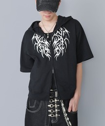 SPINNS | 短丈半袖ダブルジップパーカー/トライバル刺繍/スノーウォッシュ加工(パーカー)