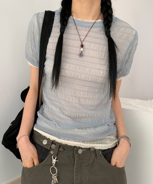 Lis ardent(リスアルダン)の「春夏新作シアー半袖Tシャツ/レイヤード着(Tシャツ/カットソー・レディース・ホワイト/ブルー/アイボリー/ブラック・M)」の4枚目の写真