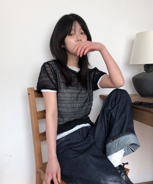 Lis ardent(リスアルダン)の「春夏新作シアー半袖Tシャツ/レイヤード着(Tシャツ/カットソー・レディース・ホワイト/ブルー/アイボリー/ブラック・M)」の5枚目の写真