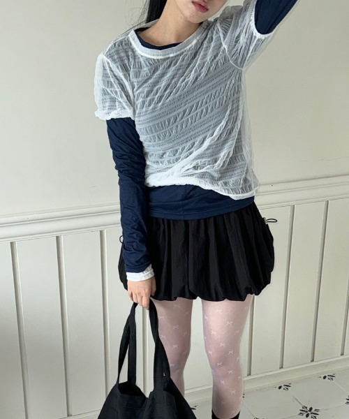 Lis ardent(リスアルダン)の「春夏新作シアー半袖Tシャツ/レイヤード着(Tシャツ/カットソー・レディース・ホワイト/ブルー/アイボリー/ブラック・M)」の9枚目の写真