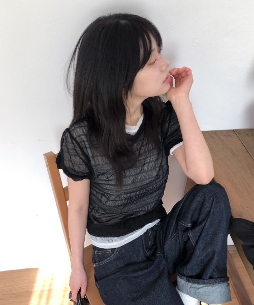 Lis ardent(リスアルダン)の「春夏新作シアー半袖Tシャツ/レイヤード着(Tシャツ/カットソー・レディース・ホワイト/ブルー/アイボリー/ブラック・M)」の6枚目の写真