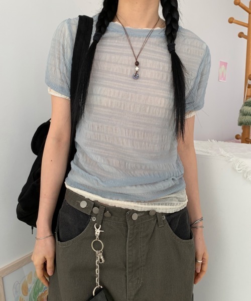 Lis ardent(リスアルダン)の「春夏新作シアー半袖Tシャツ/レイヤード着(Tシャツ/カットソー・レディース・ホワイト/ブルー/アイボリー/ブラック・M)」の7枚目の写真
