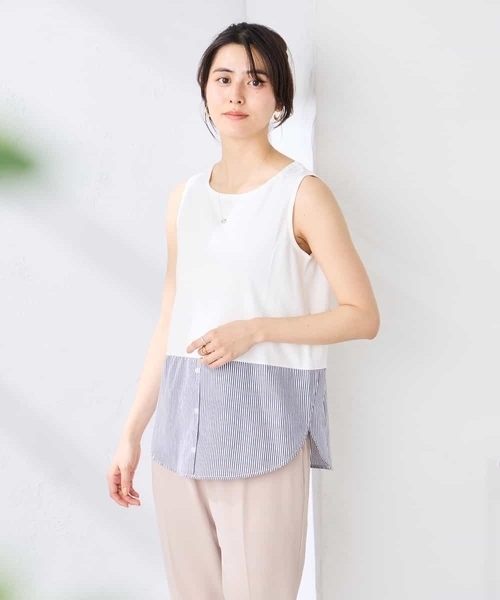 a.v.v（アーヴェヴェ）の「ｶｯﾄｿｰ（Tシャツ/カットソー・レディース・ダークインディゴブルー/ホワイト/アイボリー・40/38）」の3枚目の写真