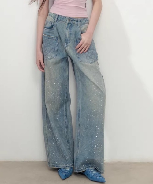 セール】ラインストーンデザインウォッシュワイドデニムパンツ（デニム