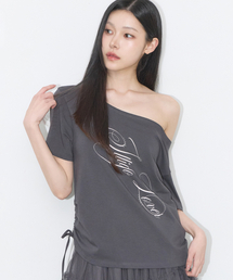 リボンストリングオフショルダーTシャツチャコール