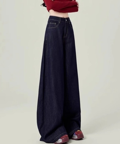 mielu(ミエル)の「ハイウエストワイドデニム(デニムパンツ・レディース・ネイビー・SMALL/LARGE/MEDIUM)」の2枚目の写真