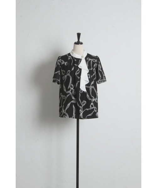 tocco closet(トッコ クローゼット)の「【ZOZO限定】リボンプリント配色フリルボウタイブラウス(シャツ/ブラウス・レディース・ブラック/オフホワイト・M)」の11枚目の写真