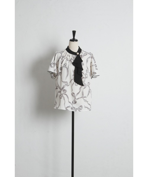 tocco closet(トッコ クローゼット)の「【ZOZO限定】リボンプリント配色フリルボウタイブラウス(シャツ/ブラウス・レディース・ブラック/オフホワイト・M)」の10枚目の写真