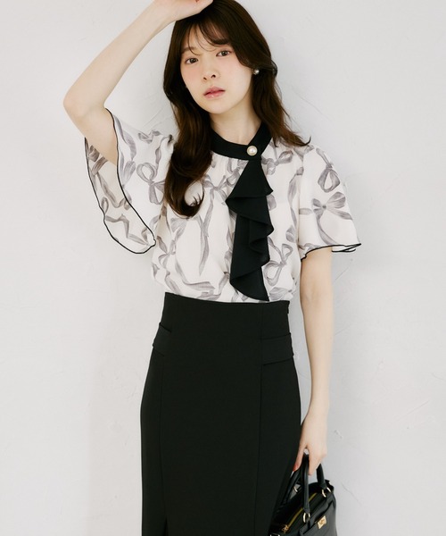 tocco closet(トッコ クローゼット)の「【ZOZO限定】リボンプリント配色フリルボウタイブラウス(シャツ/ブラウス・レディース・ブラック/オフホワイト・M)」の15枚目の写真