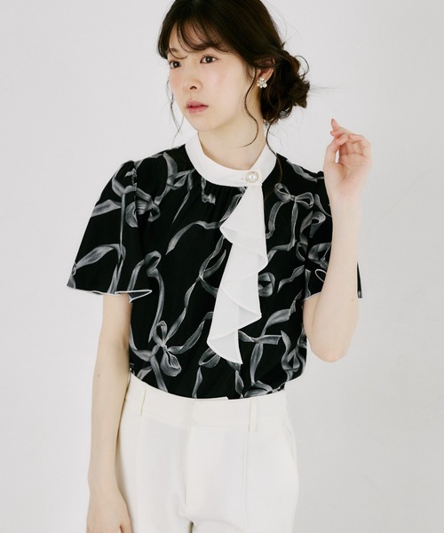 tocco closet(トッコ クローゼット)の「【ZOZO限定】リボンプリント配色フリルボウタイブラウス(シャツ/ブラウス・レディース・ブラック/オフホワイト・M)」の22枚目の写真