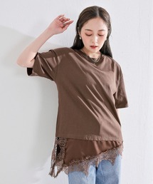 【コーデに迷わない】サテン レース レイヤード Tシャツ 半袖