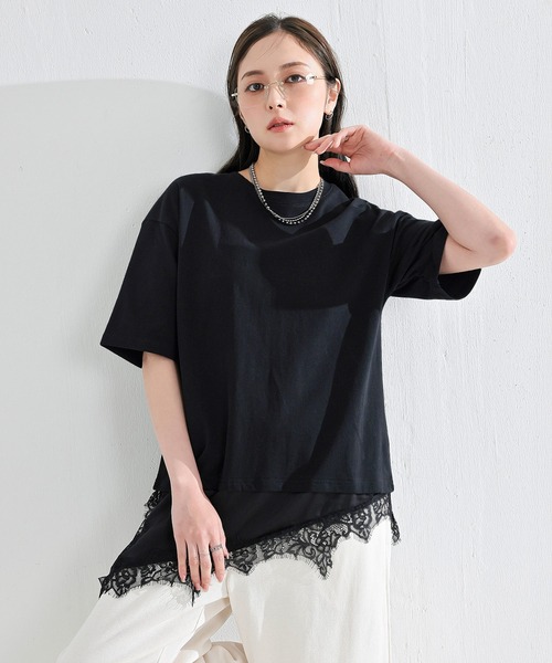 セール】【コーデに迷わない】サテン レース レイヤード Tシャツ 半袖