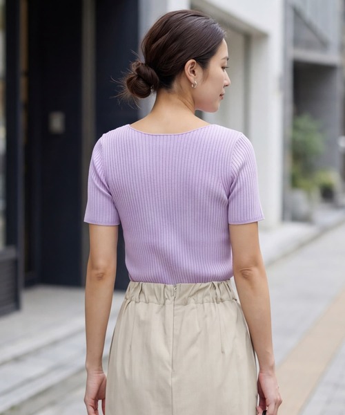 STYLE DELI(スタイルデリ)の「半袖ボートネックリブトップス(Tシャツ/カットソー・レディース・レッド/ホワイト/ライラック/ブラック・M)」の8枚目の写真