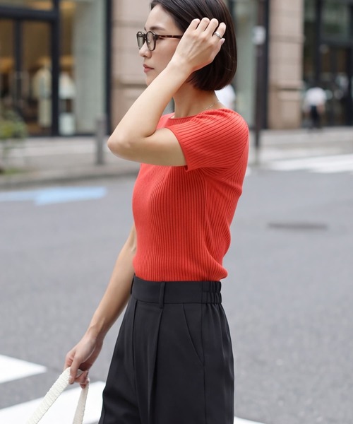 STYLE DELI(スタイルデリ)の「半袖ボートネックリブトップス(Tシャツ/カットソー・レディース・レッド/ホワイト/ライラック/ブラック・M)」の12枚目の写真