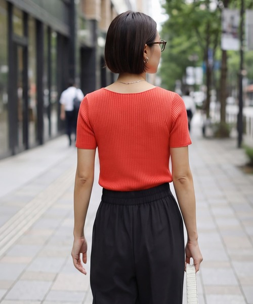 STYLE DELI(スタイルデリ)の「半袖ボートネックリブトップス(Tシャツ/カットソー・レディース・レッド/ホワイト/ライラック/ブラック・M)」の13枚目の写真