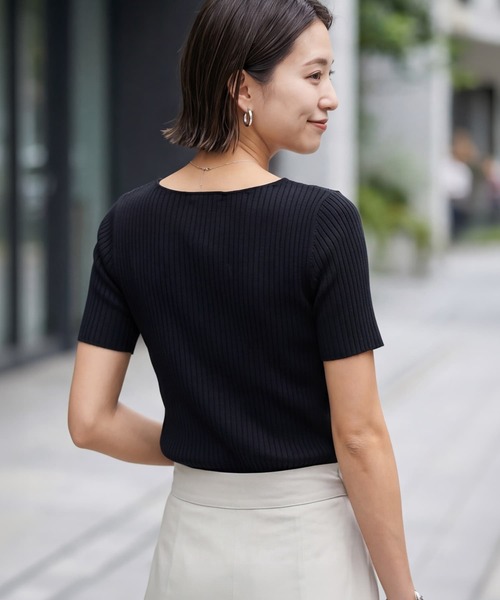 STYLE DELI(スタイルデリ)の「半袖ボートネックリブトップス(Tシャツ/カットソー・レディース・レッド/ホワイト/ライラック/ブラック・M)」の19枚目の写真