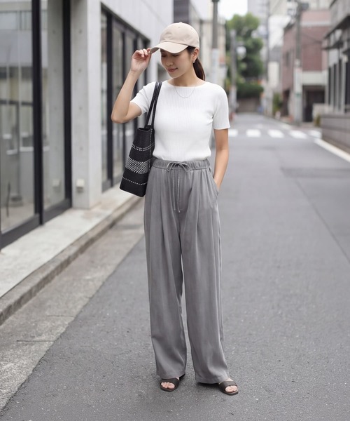 STYLE DELI(スタイルデリ)の「半袖ボートネックリブトップス(Tシャツ/カットソー・レディース・レッド/ホワイト/ライラック/ブラック・M)」の20枚目の写真