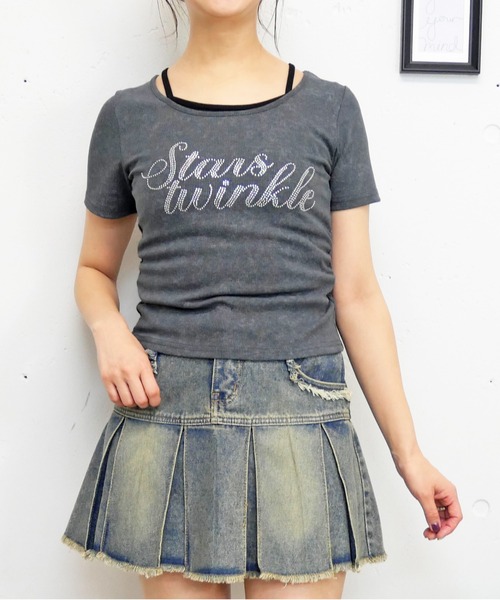 FUN(ファン)の「ラインストーンレイヤードプルオーバー(Tシャツ/カットソー・レディース・チャコールグレー/オフホワイト/ブラック・FREE)」の2枚目の写真