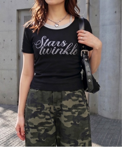 FUN(ファン)の「ラインストーンレイヤードプルオーバー(Tシャツ/カットソー・レディース・チャコールグレー/オフホワイト/ブラック・FREE)」の3枚目の写真