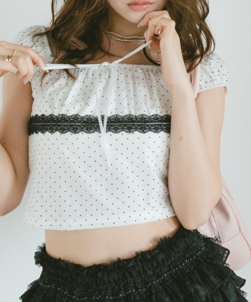 VANNIE U(ヴァニーユー)の「レース切り替えドットミニパフスリーブトップス(Tシャツ/カットソー・レディース・ホワイト/ブラック・FREE)」の20枚目の写真