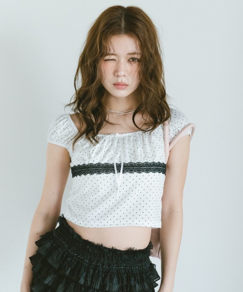 VANNIE U(ヴァニーユー)の「レース切り替えドットミニパフスリーブトップス(Tシャツ/カットソー・レディース・ホワイト/ブラック・FREE)」の21枚目の写真